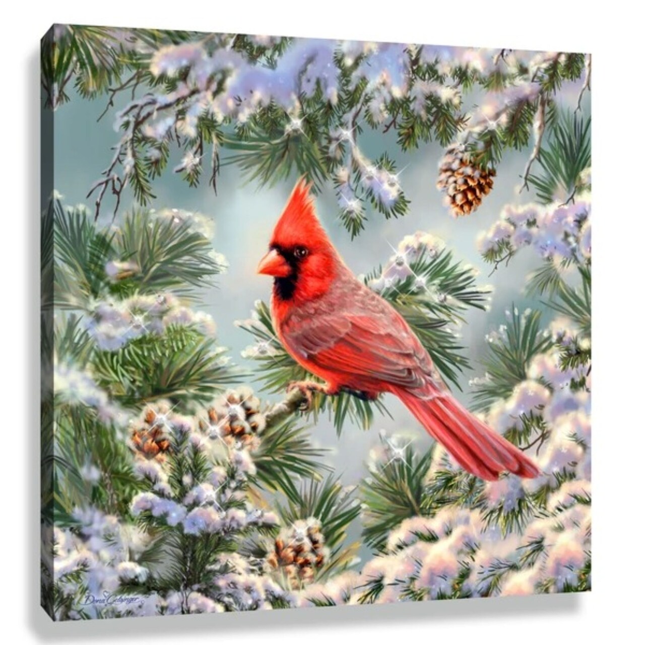 Glow Decor Red and Green Snowy Pine Cardinal Pizazz Print Framed Wall Decor 10" x 10"